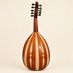 Upright rear view of oud with brown and pale wood ribs on ivory background