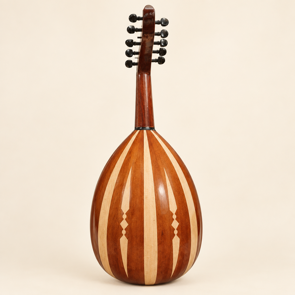 Upright rear view of oud with brown and pale wood ribs on ivory background
