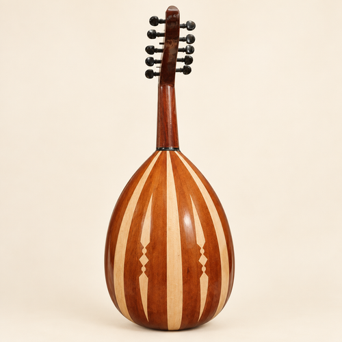 Upright rear view of oud with brown and pale wood ribs on ivory background