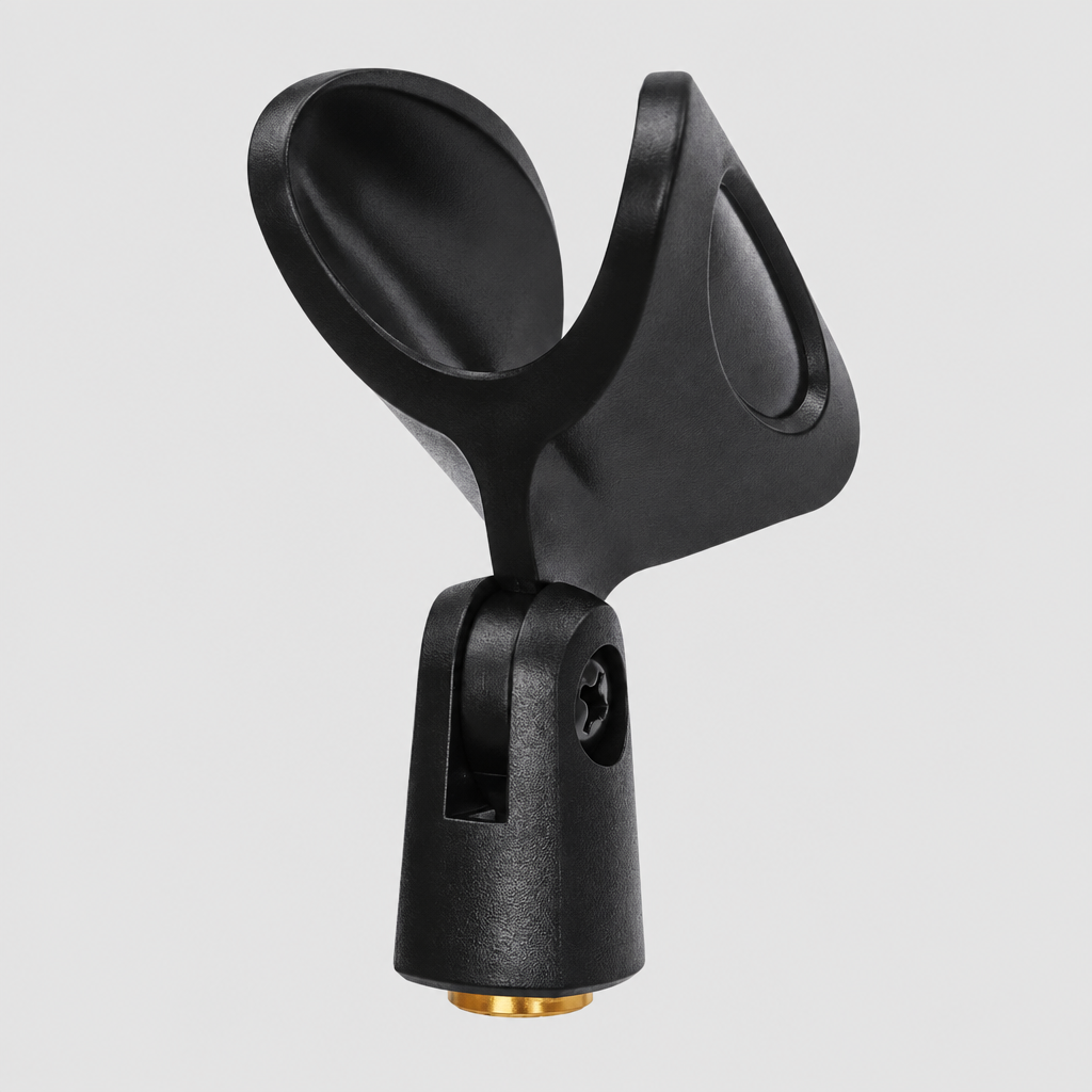 Unbranded A8 microphone holder shown from the front with its black cradle, adjustment joint, and threaded mounting connection