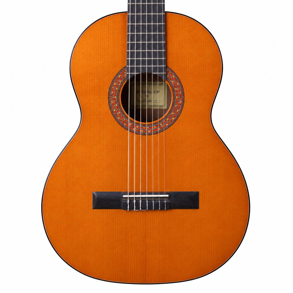 Close-up of the orange Rockdale Classic C4 spruce top, rosette, sound hole, strings, and bridge