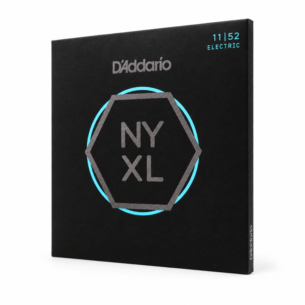 45-degree side view of the D'Addario NYXL1152 electric guitar strings package, 11–52 gauge.