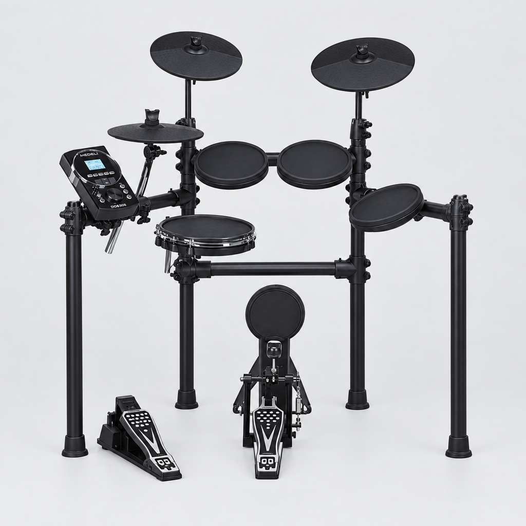 Medeli DD630S electronic drum kit shown from the front with rack, mesh snare, tom pads, cymbals, kick trigger, pedals, and sound module