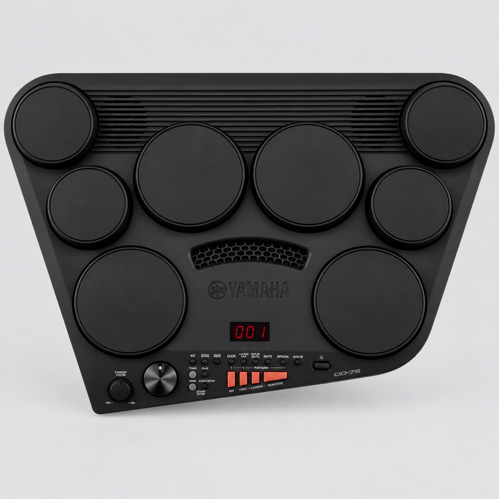 Full front view of the Yamaha DD-75 mini electronic drum kit with eight touch-sensitive pads, controls and speakers.