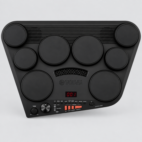 Full front view of the Yamaha DD-75 mini electronic drum kit with eight touch-sensitive pads, controls and speakers.