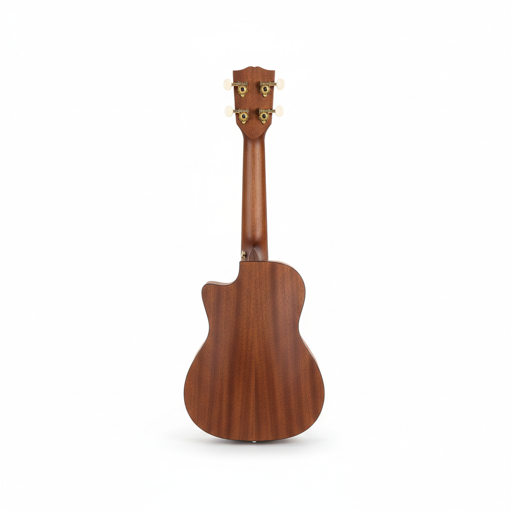 Unbranded 23-inch concert ukulele XU23-2 shown upright from the back with its natural wood finish on a white background