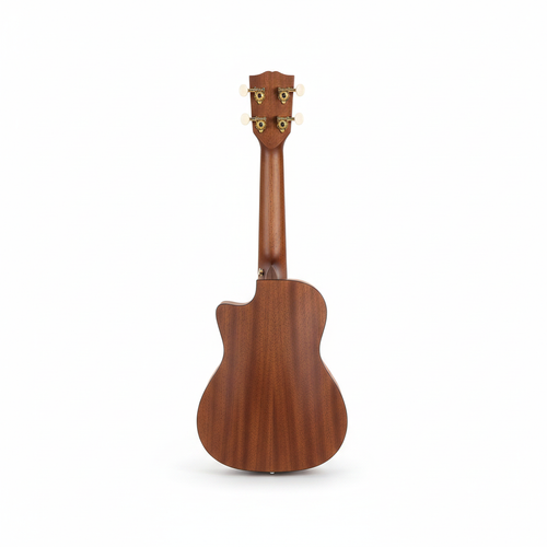 Unbranded 23-inch concert ukulele XU23-2 shown upright from the back with its natural wood finish on a white background