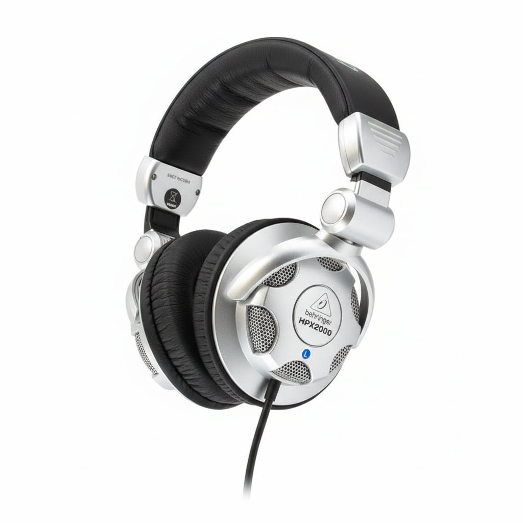 Close detail of the Behringer HPX2000 earcup, swivel hinge, cushion, branding, and cable connection on a white background