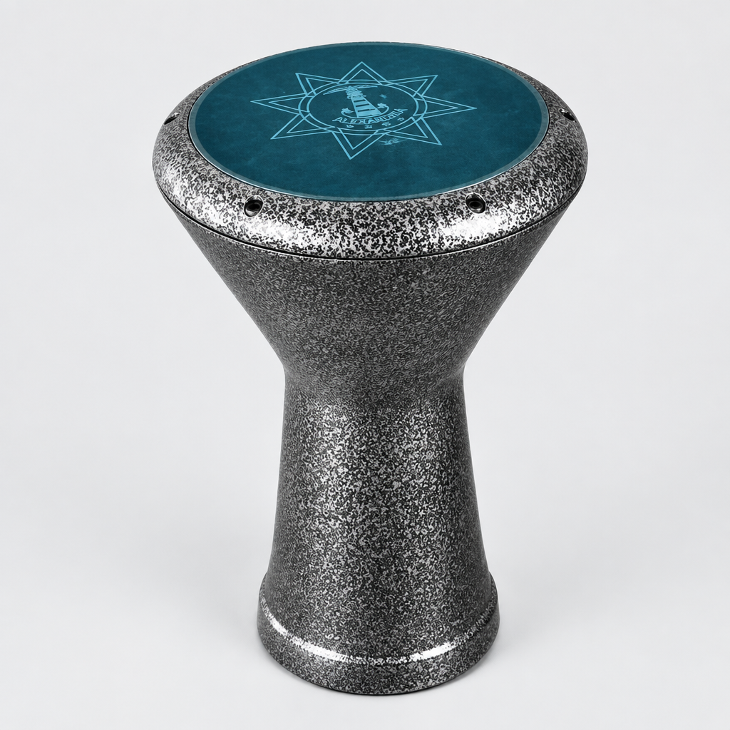Three-quarter side view of the Egyptian aluminum darbuka showing the shell profile and drumhead.
