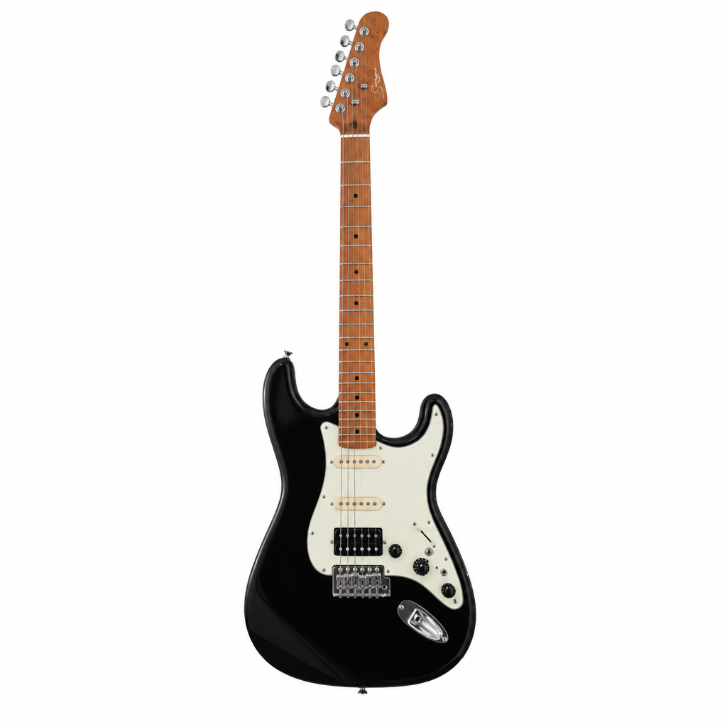Straight front view of the Smiger L-G2-i3 BK black electric guitar preserving its exact ST-style body, cream pickguard, pickups, tremolo bridge, strings, controls, neck, and headstock