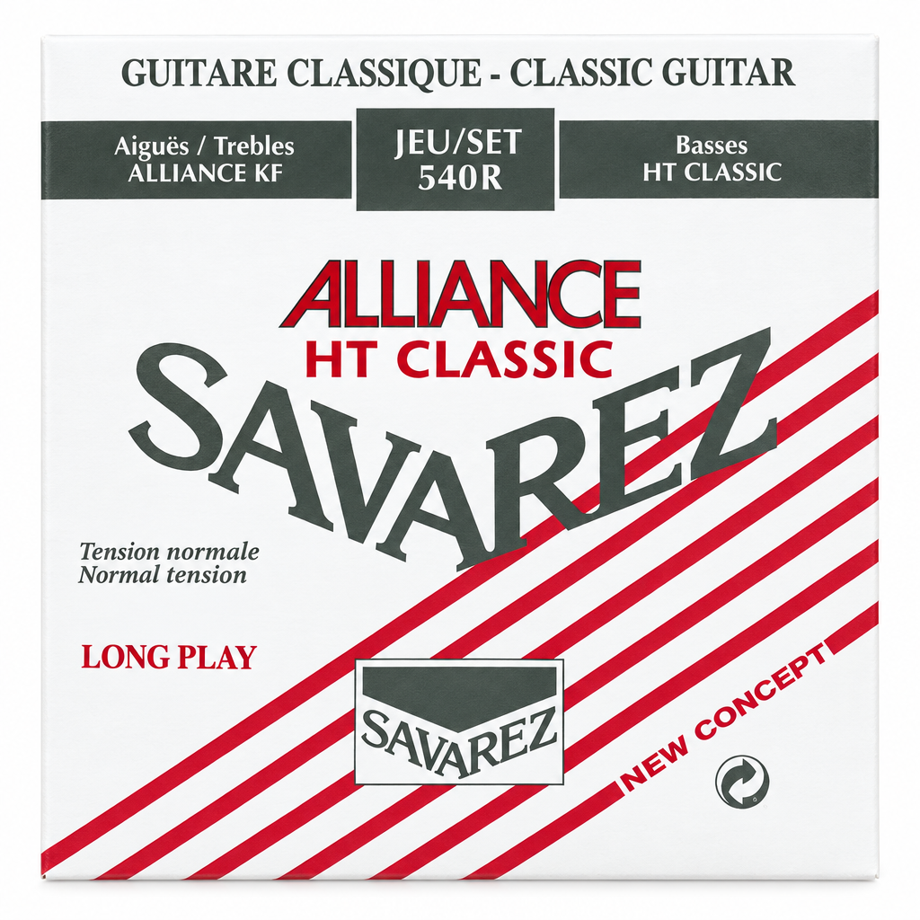 Close-up of the Savarez Alliance HT Classic 540 R classical guitar strings package front label