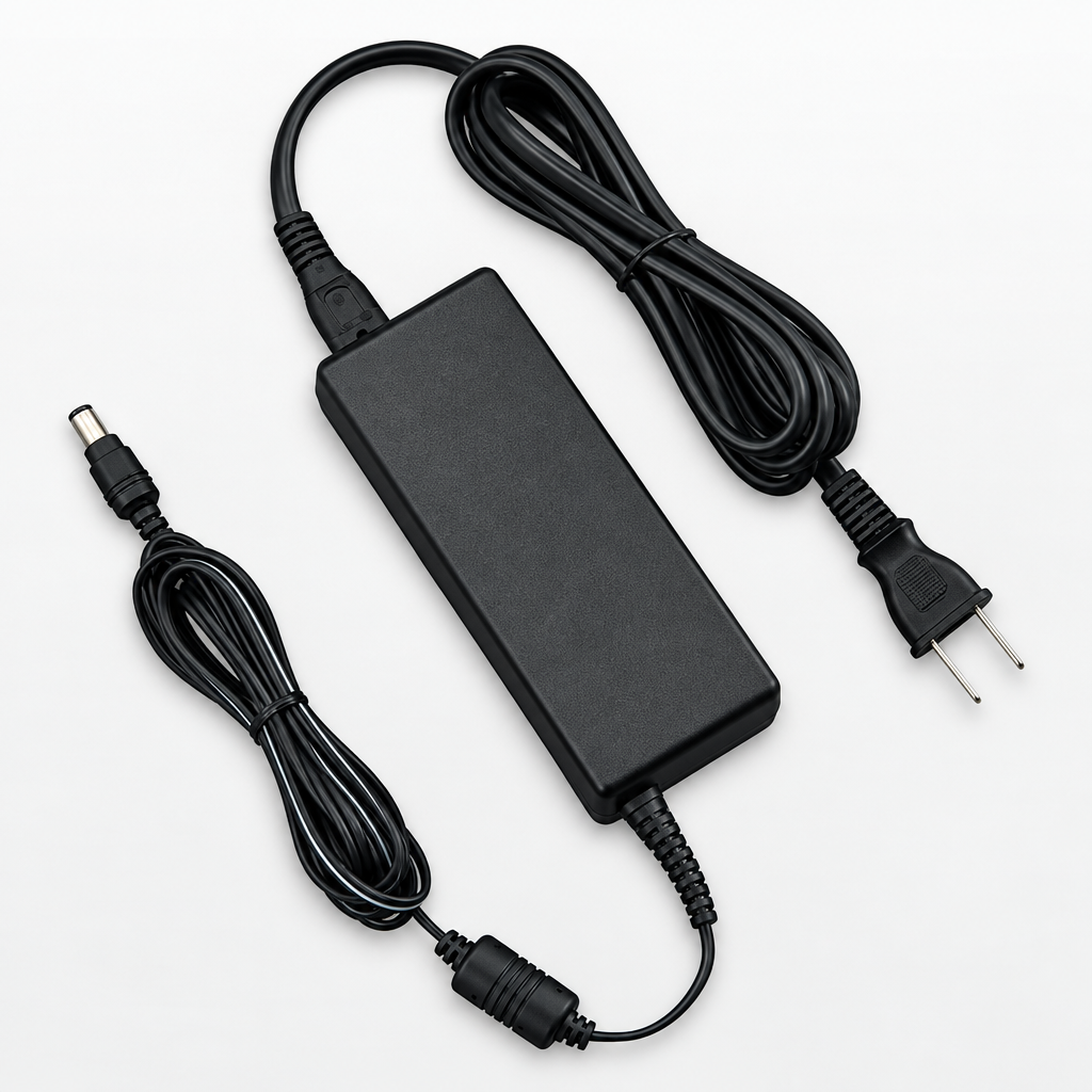 Yamaha PA300C AC power adapter with the adapter body and attached cables arranged on a light background.