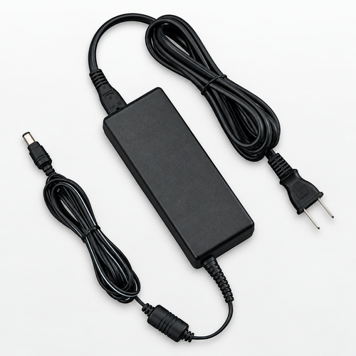 Yamaha PA300C AC power adapter with the adapter body and attached cables arranged on a light background.