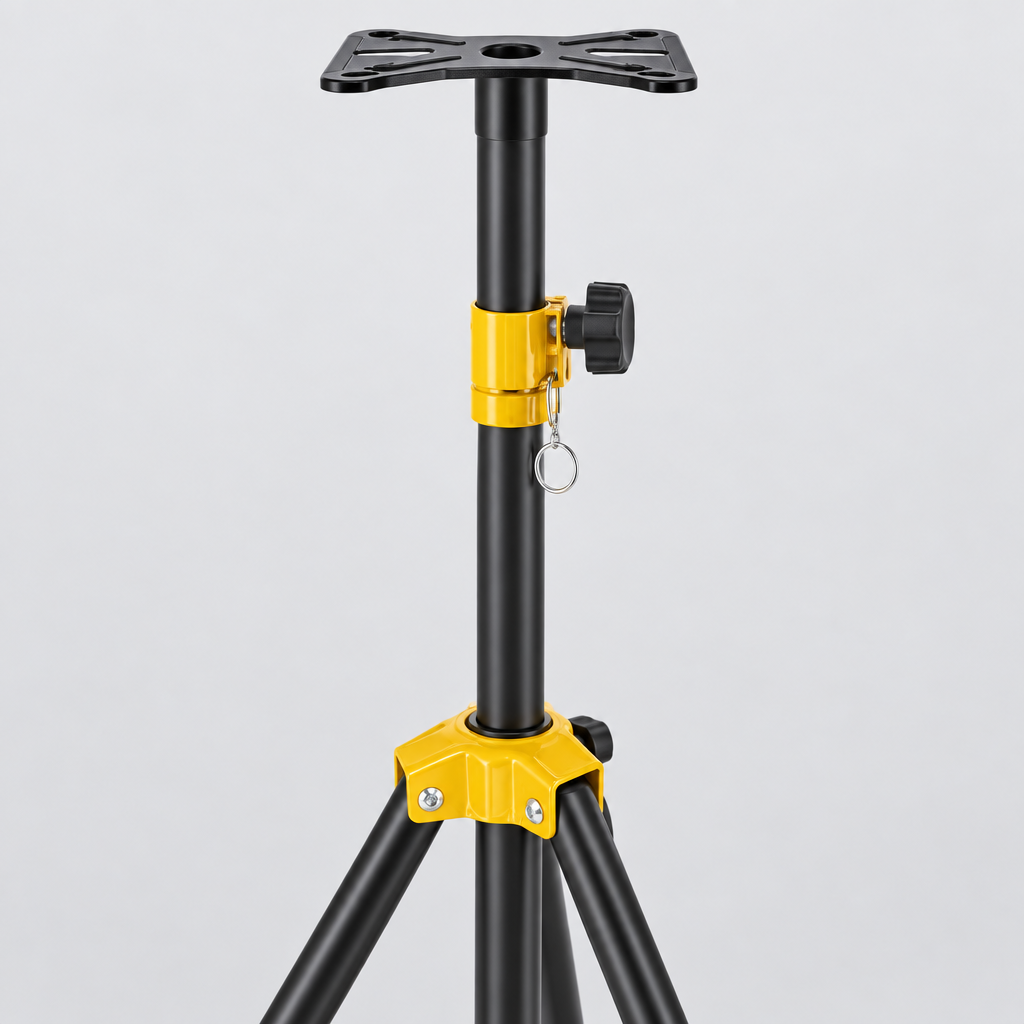 Close detail of the unbranded yellow Y-403 speaker stand showing the top plate, adjustment hardware, center pole, and tripod support