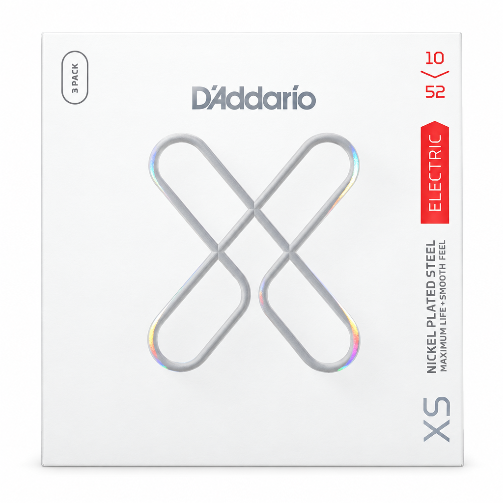 Front view of the D'Addario XSE1052 3-pack XS coated nickel electric guitar strings, 10–52.