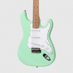 One Deviser L-G25-MBL green guitar shown in close detail with its body, bridge, strings, pickups, controls, and hardware