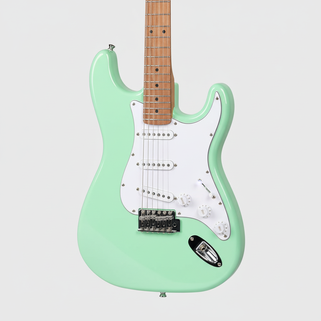 One Deviser L-G25-MBL green guitar shown in close detail with its body, bridge, strings, pickups, controls, and hardware