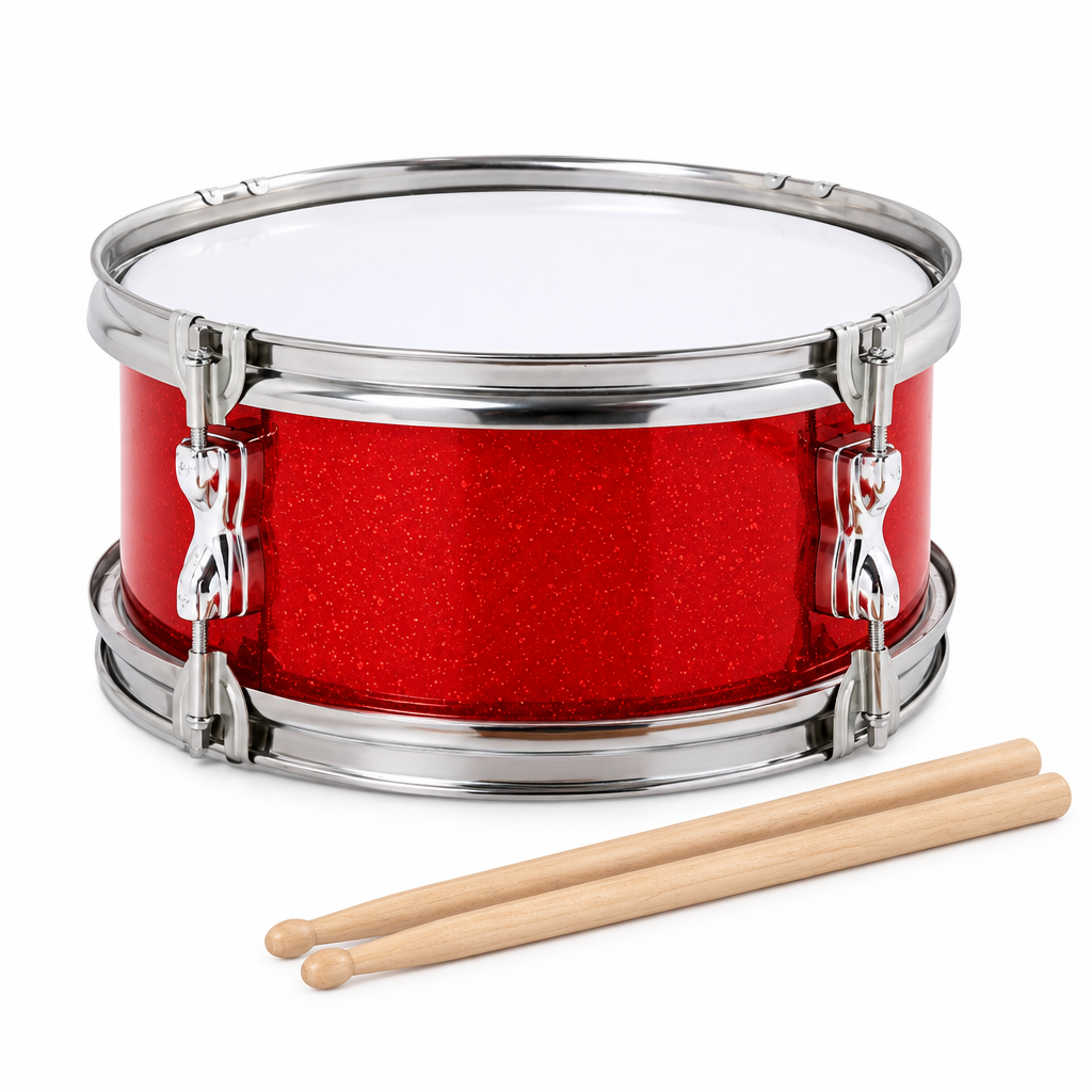 11-inch red snare drum for kids and beginners with two drumsticks, front view