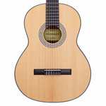 Close-up of the Rockdale Classic C1 spruce top, rosette, sound hole, nylon strings, and bridge
