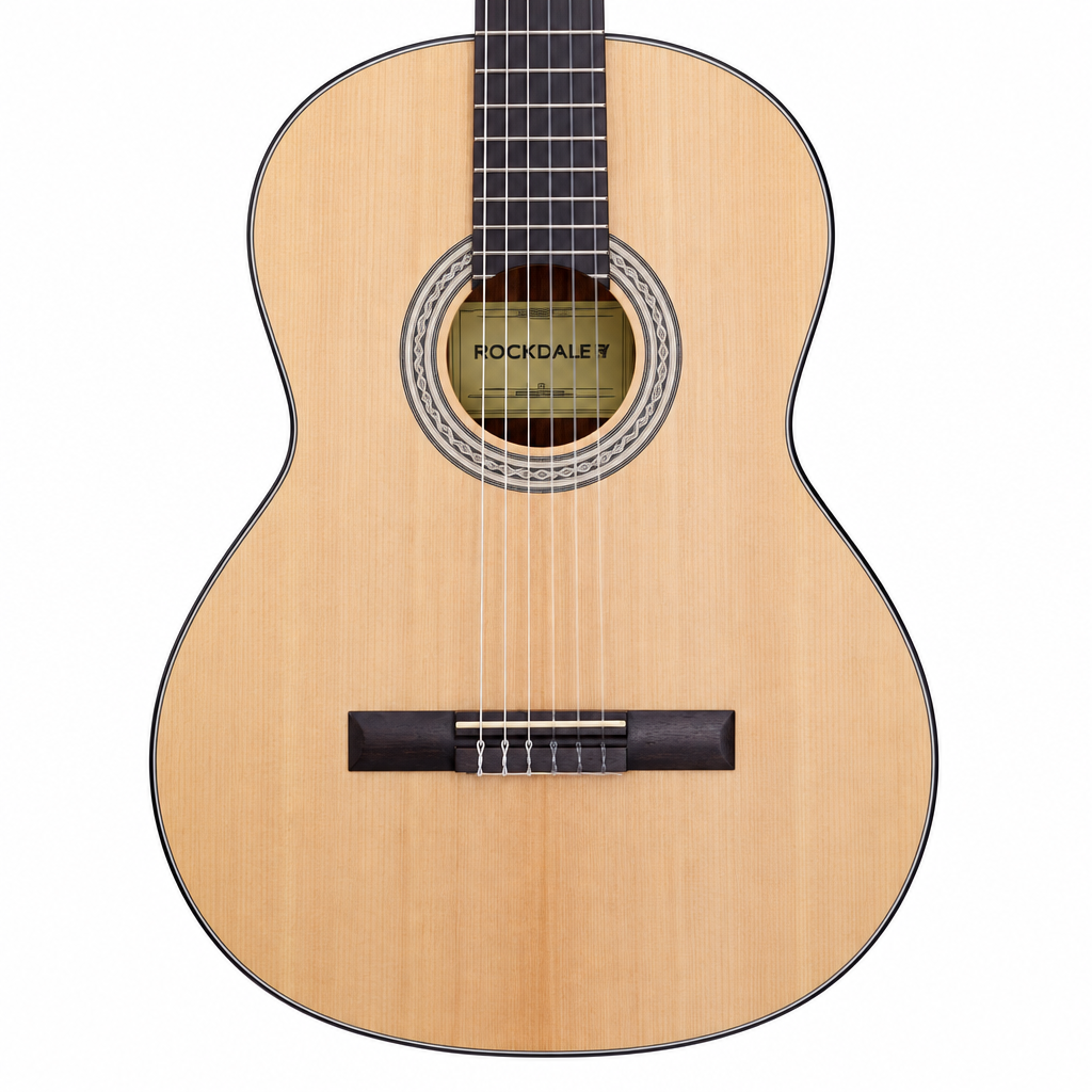 Close-up of the Rockdale Classic C1 spruce top, rosette, sound hole, nylon strings, and bridge