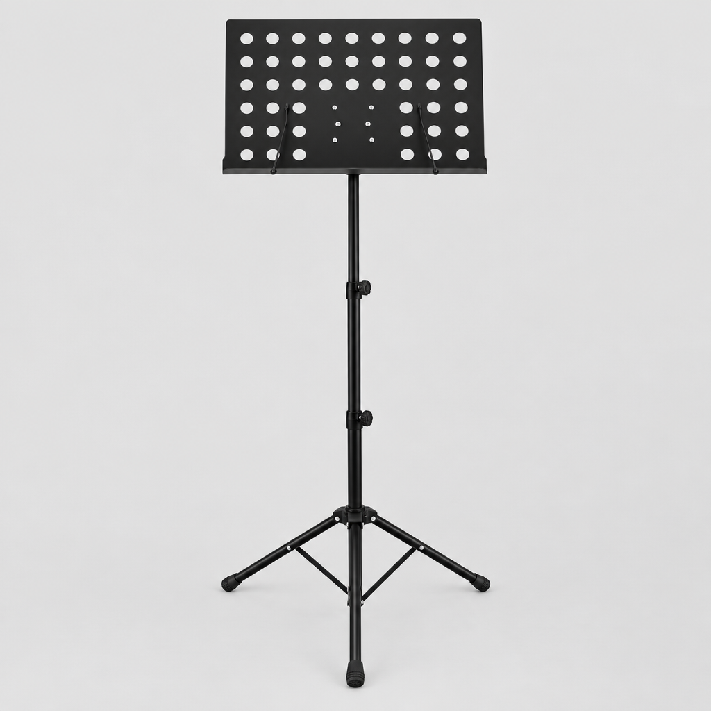 Unbranded P-06 black large music stand shown from the front with a perforated tray, page retainers, and tripod base