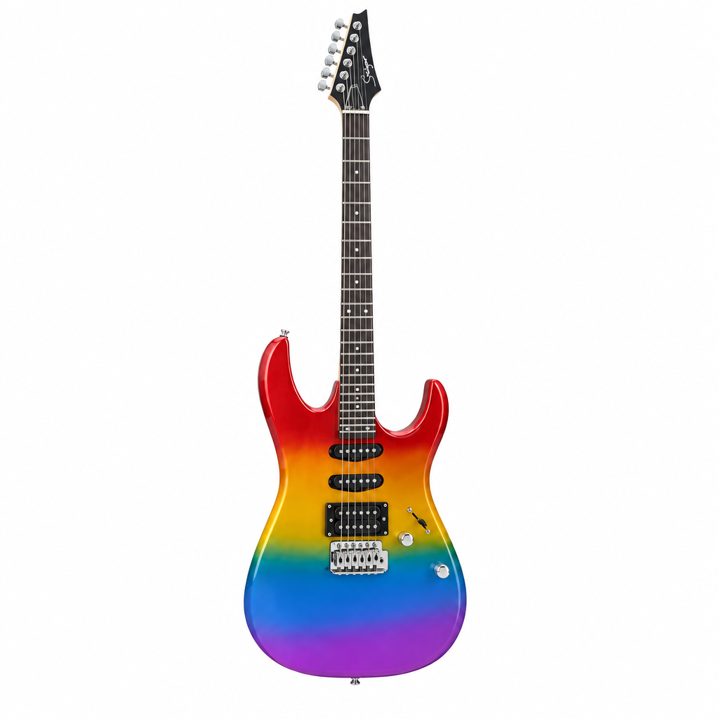 Straight front view of the Smiger L-G4-RT rainbow electric guitar preserving its original ST-style body, pickups, tremolo bridge, strings, controls, neck, and headstock