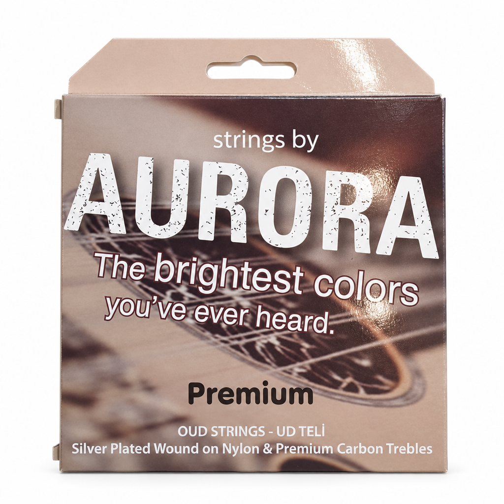 Aurora Dodo oud strings package, straight front view showing the original Aurora packaging