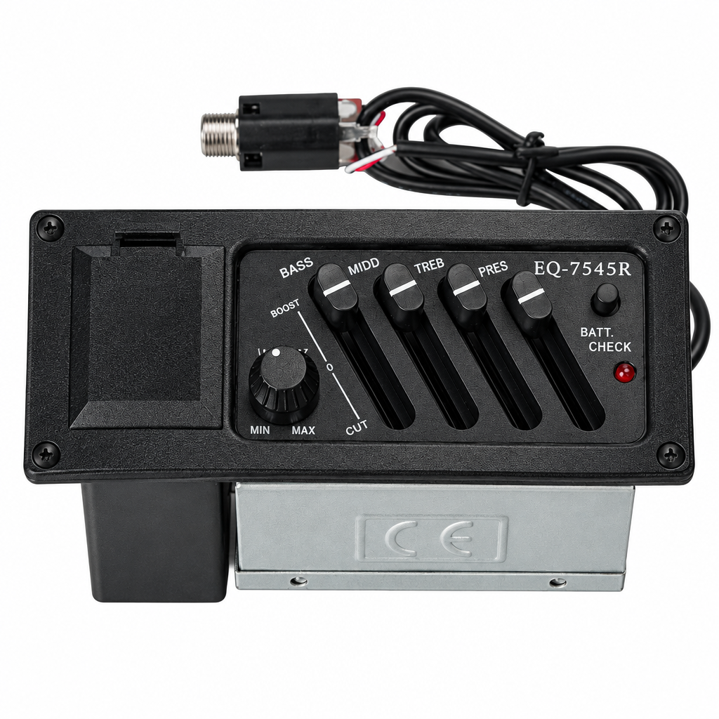 EQ-7545 pickup machine shown from the front with its control panel, sliders, battery area, metal plate, and connected cable