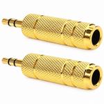 Two identical gold cylindrical jack converter pieces shown in the original reference shape with knurled barrels, black insulating rings, male plug tips, and female socket openings