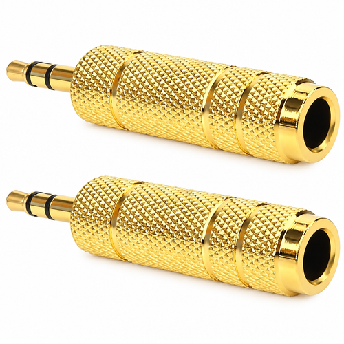 Two identical gold cylindrical jack converter pieces shown in the original reference shape with knurled barrels, black insulating rings, male plug tips, and female socket openings