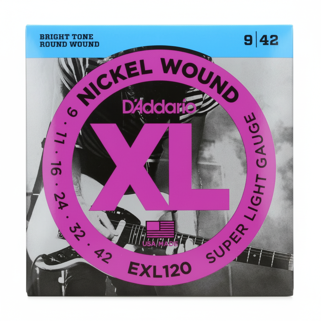 D'Addario EXL120 Nickel Wound electric guitar strings package shown straight-on with Super Light 09-42, Bright Tone Round Wound, USA Made, and original printed details preserved on a clean white background