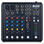 Close-up of the Alto Professional TrueMix 600 mixer control surface showing channel knobs, faders, and input/output connections.