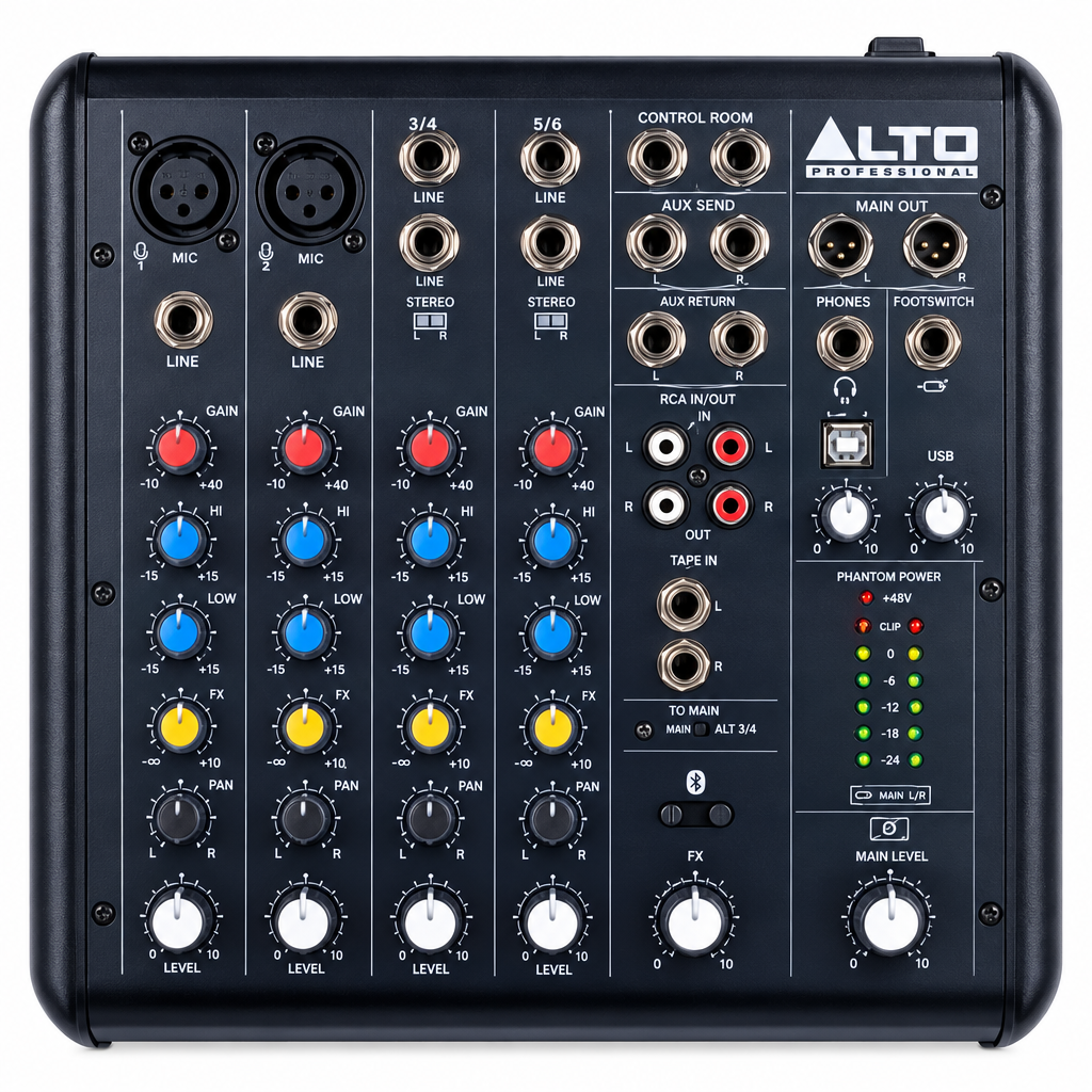 Close-up of the Alto Professional TrueMix 600 mixer control surface showing channel knobs, faders, and input/output connections.