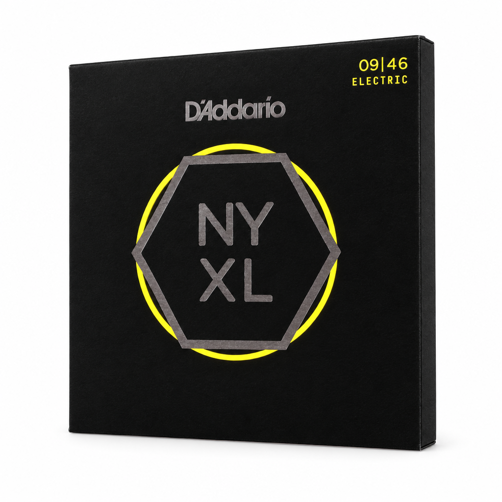 45-degree side view of the D'Addario NYXL0946 electric guitar strings package, 09–46 gauge.