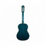 Valencia VC202 TBU 1/2-size blue classical guitar shown upright from the back on a clean white background