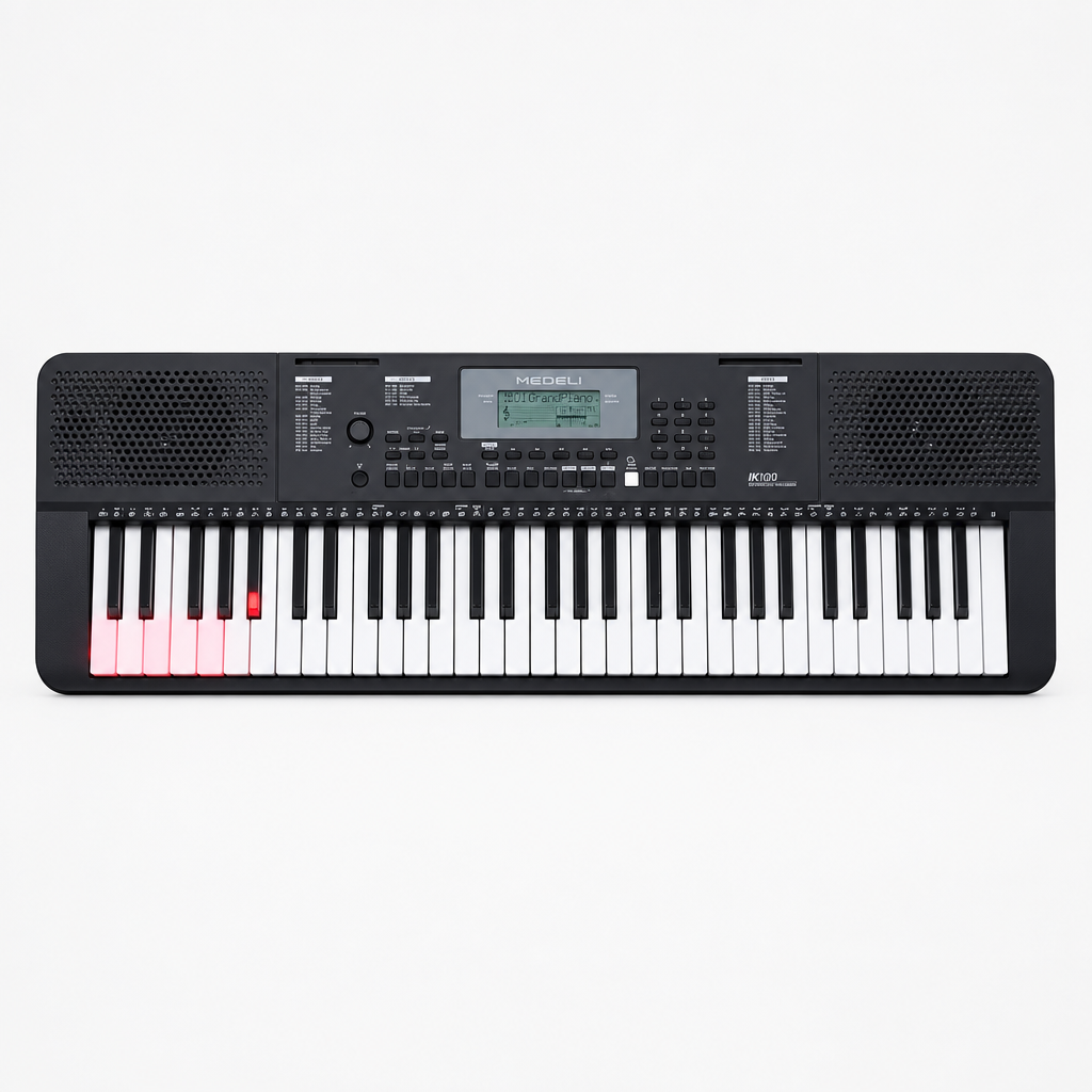 Full front view of the black Medeli IK100 61-key keyboard with illuminated keys.