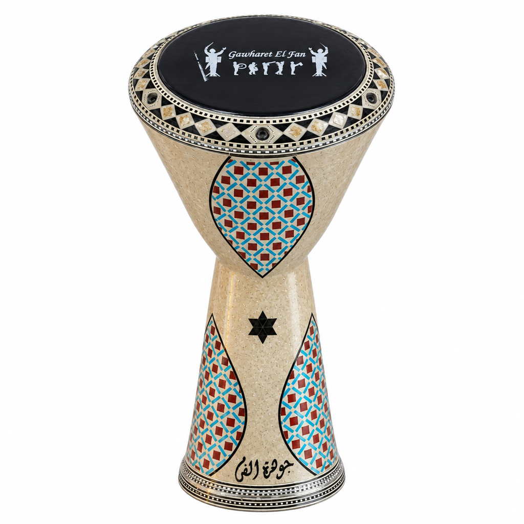 Jawharat Al Fan 22 cm Egyptian darbuka with exact Gawharet El Fan logo on the drumhead, front view