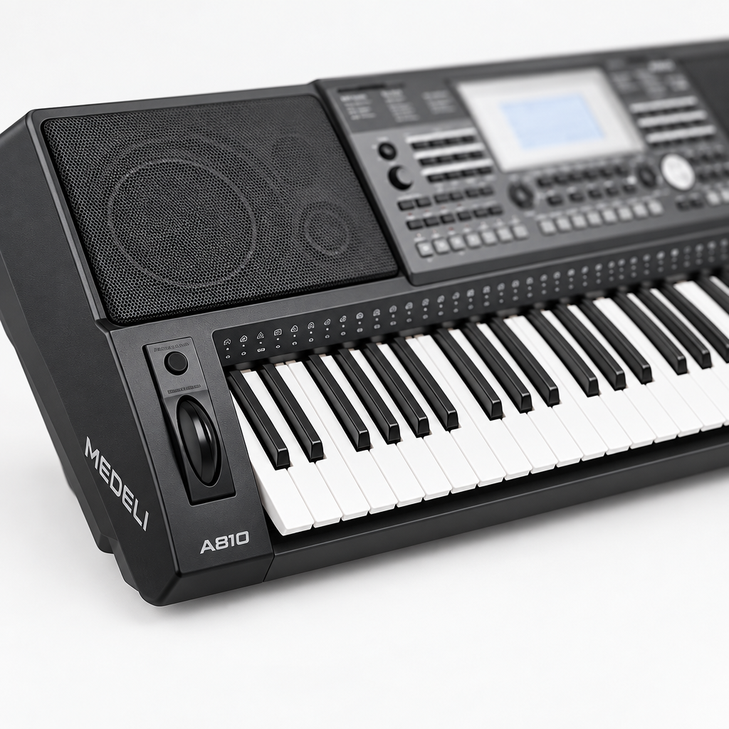 Close-up of the Medeli A810 keys and speaker grille with the control panel softly out of focus.
