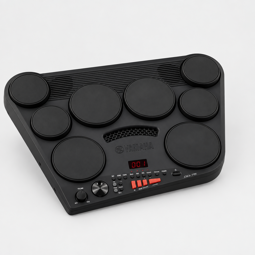 Front-right three-quarter view of the Yamaha DD-75 mini electronic drum kit.
