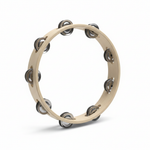 Open wooden tambourine with hollow center and metal jingles shown from a front three-quarter angle on a white background