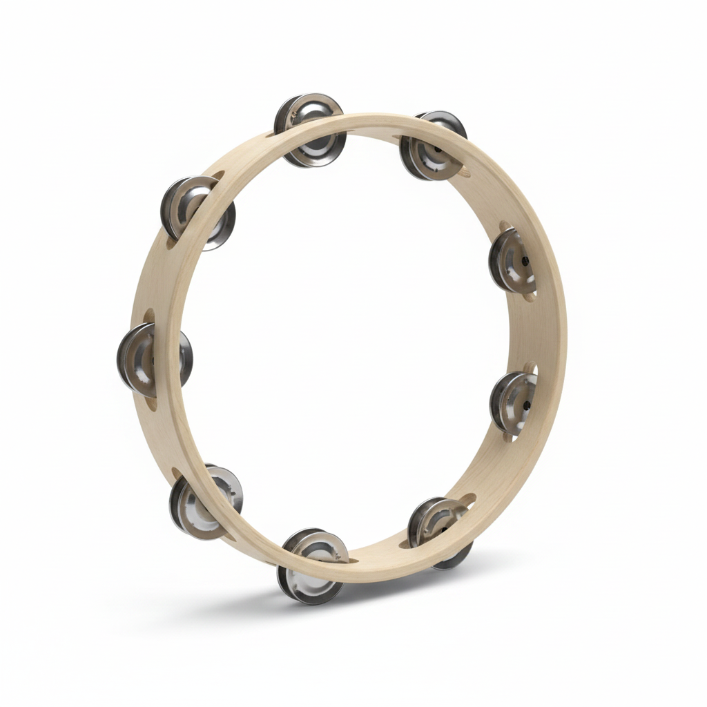 Open wooden tambourine with hollow center and metal jingles shown from a front three-quarter angle on a white background