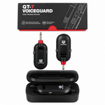 Straight rear view of the Voice Guard QT-7 guitar wireless system showing its wireless units, charging case, product box, and visible connection details