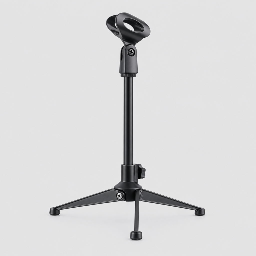 Unbranded ZM-07 mini microphone stand shown from the front with its microphone clip, adjustable support, and stable round base