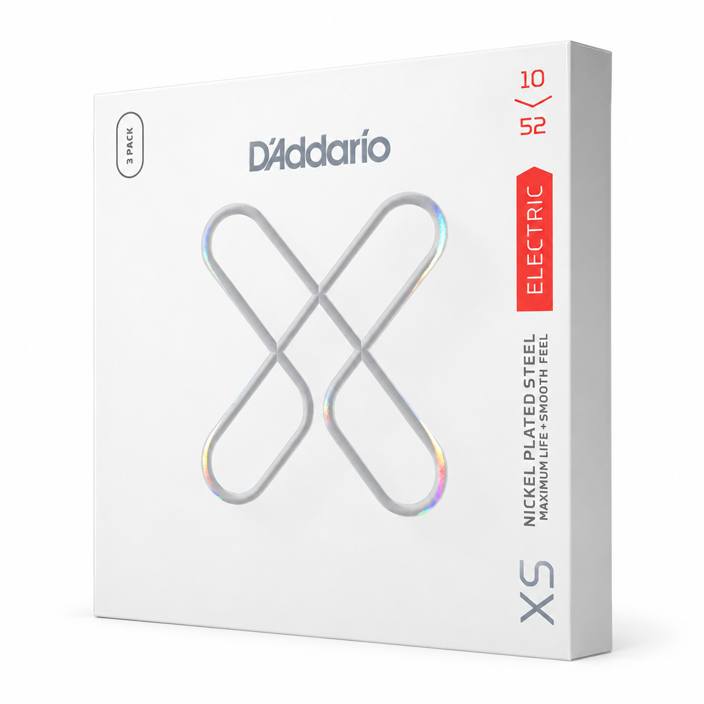 45-degree side view of the D'Addario XSE1052 3-pack XS coated electric guitar strings package, 10–52.