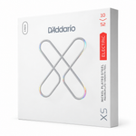 45-degree side view of the D'Addario XSE1052 3-pack XS coated electric guitar strings package, 10–52.