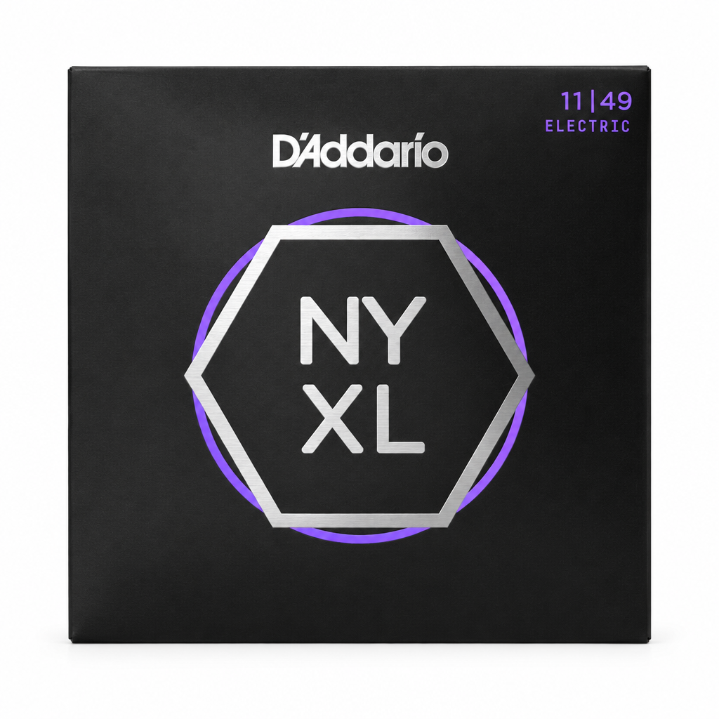 Front view of the D'Addario NYXL1149 11–49 medium-gauge electric guitar strings package.
