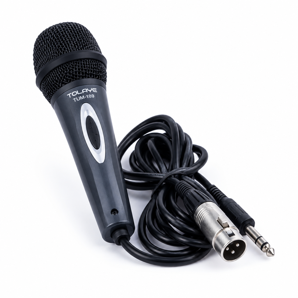 Tolaye TUM189 wired dynamic microphone and XLR-to-jack cable connectors, angled view