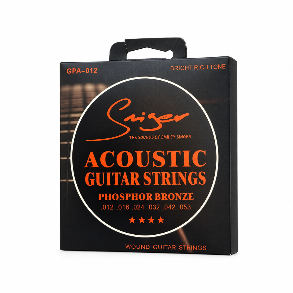 Smiger GPA-012 acoustic guitar strings package, exact original black and orange color preserved, three-quarter angled view with external stickers and labels removed