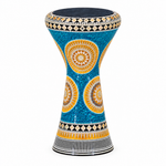 Egyptian Sombati darbuka, straight front view showing the decorated blue shell and dark drumhead