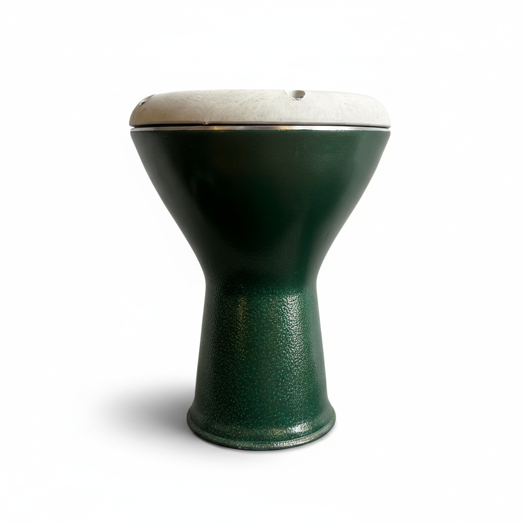 Unbranded Syrian Darbuka B.B upright front view showing the green goblet body, light drumhead, rim, and hardware on a clean white background